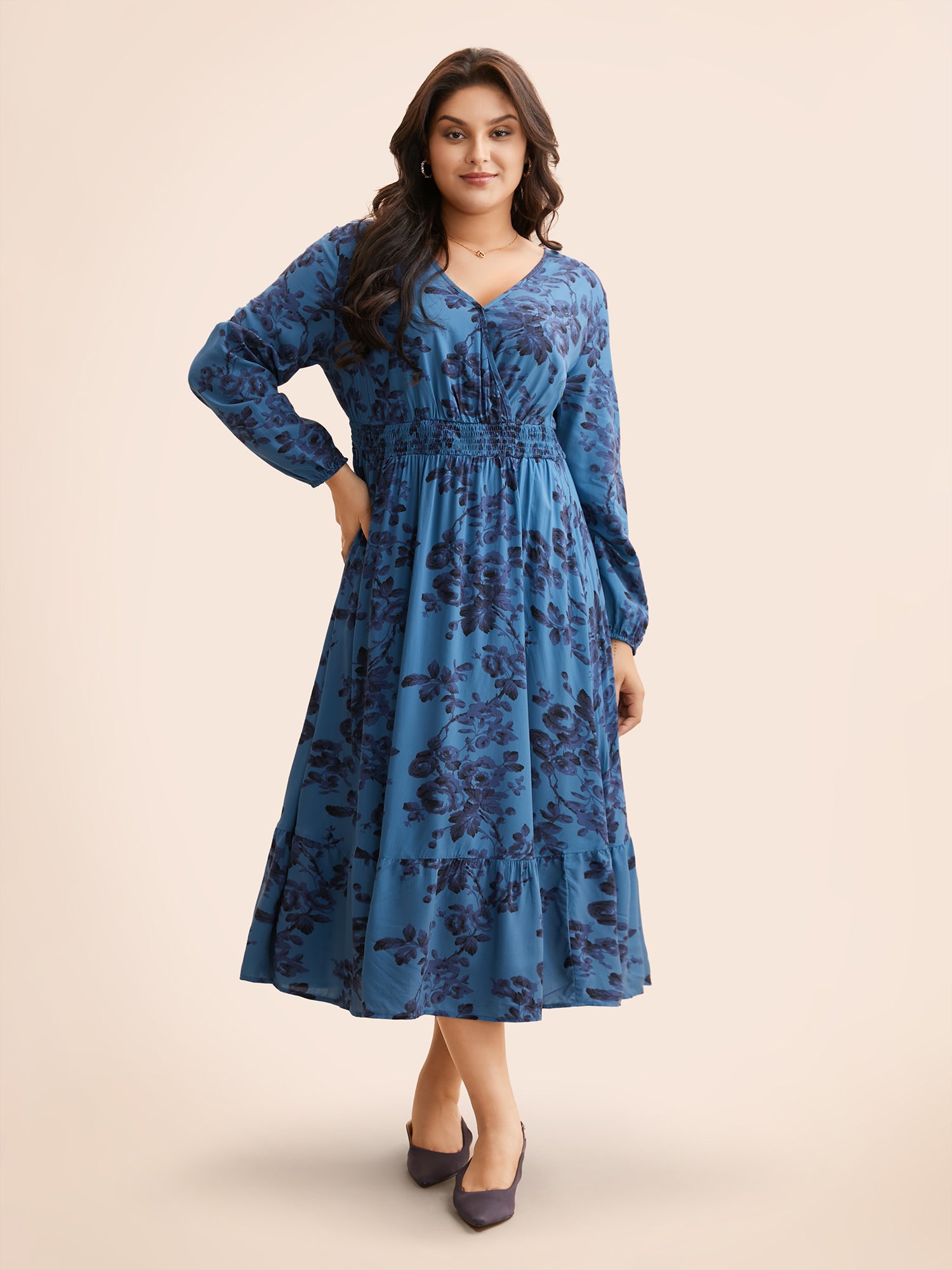 Floral Wrap Lantern Sleeve Pocket Shirred Ruffle Hem Dress