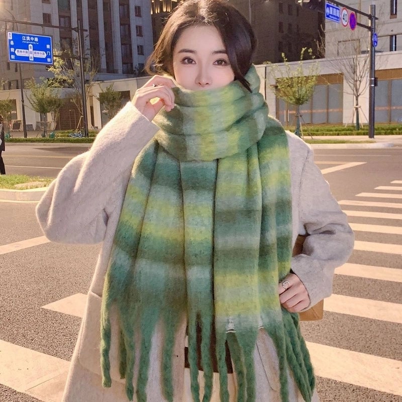 Plaid Scarf Women's Winter High-grade Gradient Mohair Thickened Warm Scarf New Cashmere-like Shawl