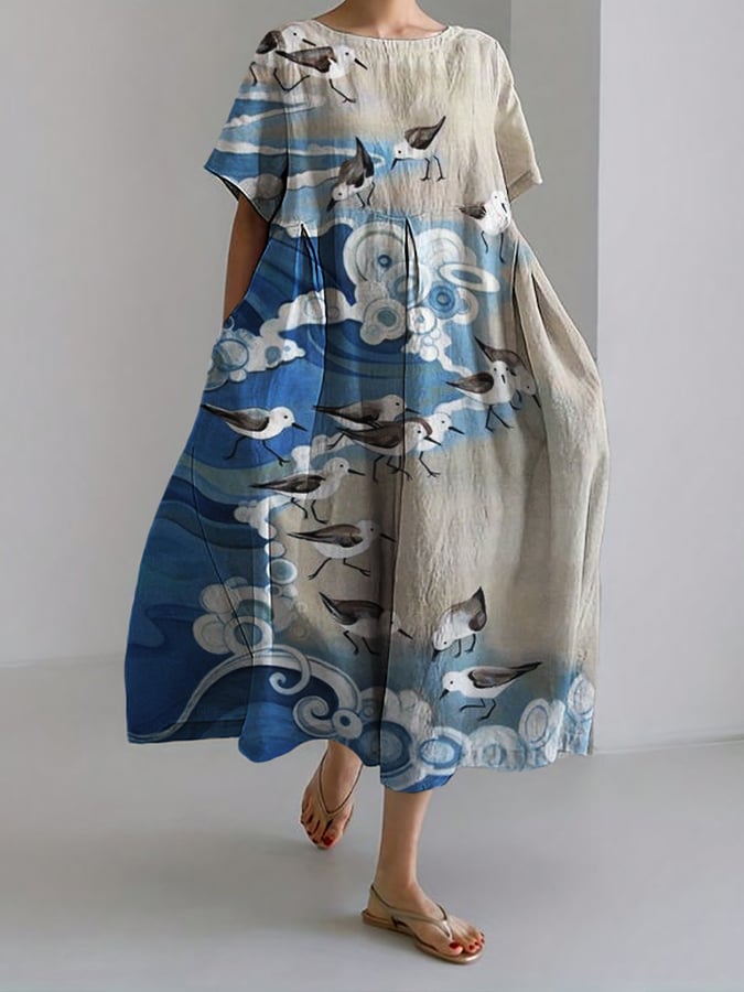 Spring and summer new ethnic wind printed mid -length loose dress