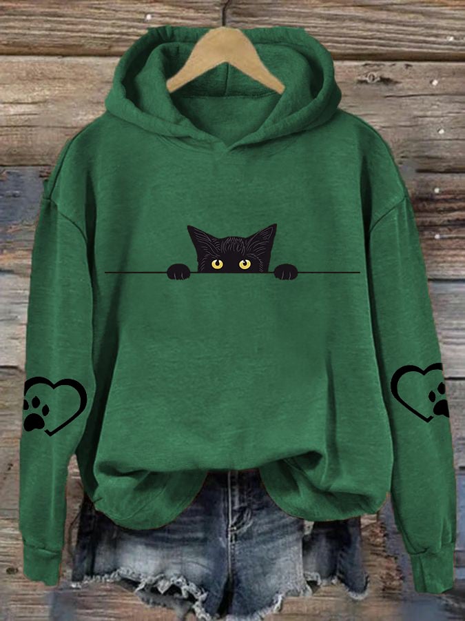 Women's Black Cat Paw Print Hoodie