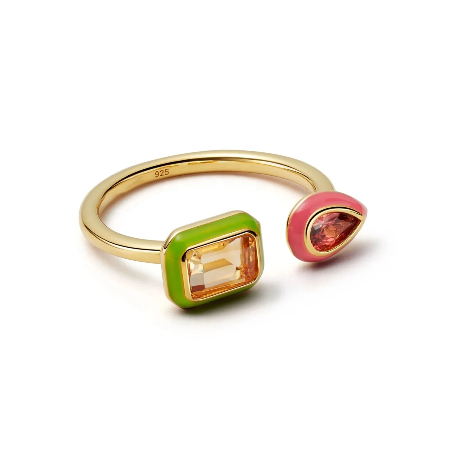 Trending Bezel Crystal Colored Enamel Double Stone Adjustable Ring Silver 925