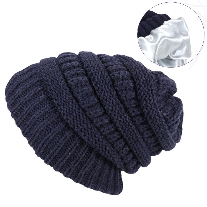 Autumn And Winter Solid Color Knitted Warm Ear Protection Hat Satin Lining Wool Cap Cap Cap Manufacturers Selling