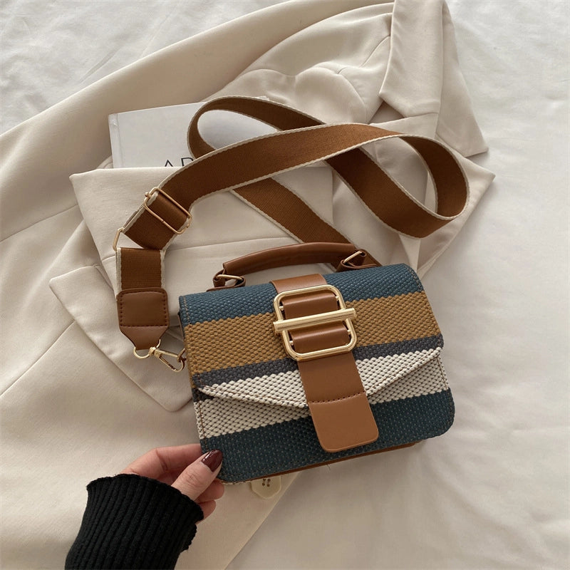 Women's Pu Leather Stripe Classic Style Sewing Thread Square Magnetic Buckle Flip Cover Crossbody Bag