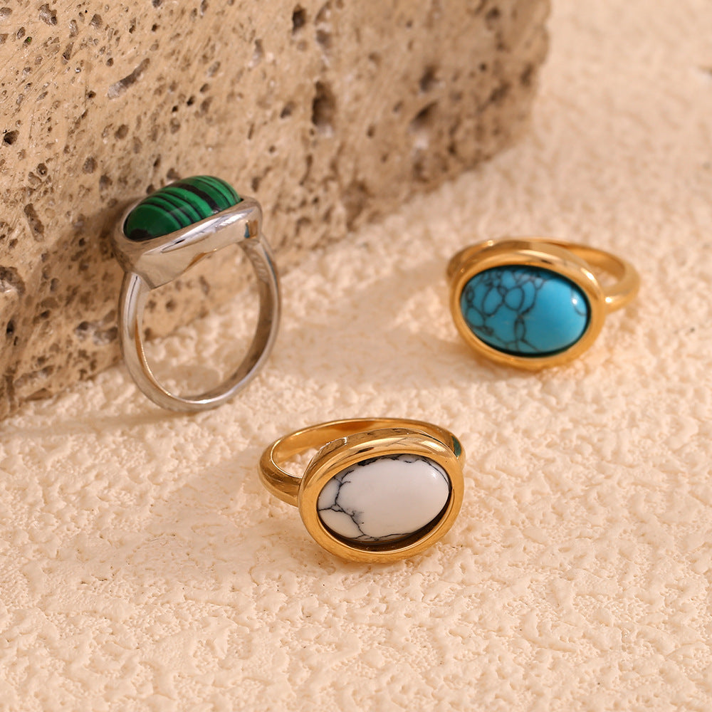 Fashion Niche Retro Personality Hand Jewelry Stainless Steel Plated 18K Gold Simple Natural Stone Gemstone Ring