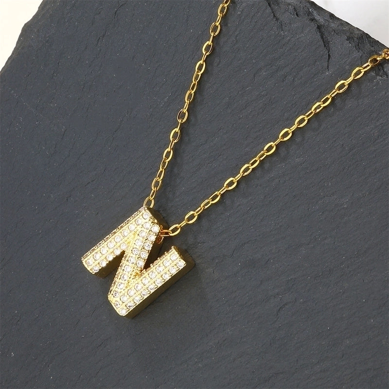 Copper 18K Gold Plated Casual Minimalist Inlay Letter Zircon Pendant Necklace