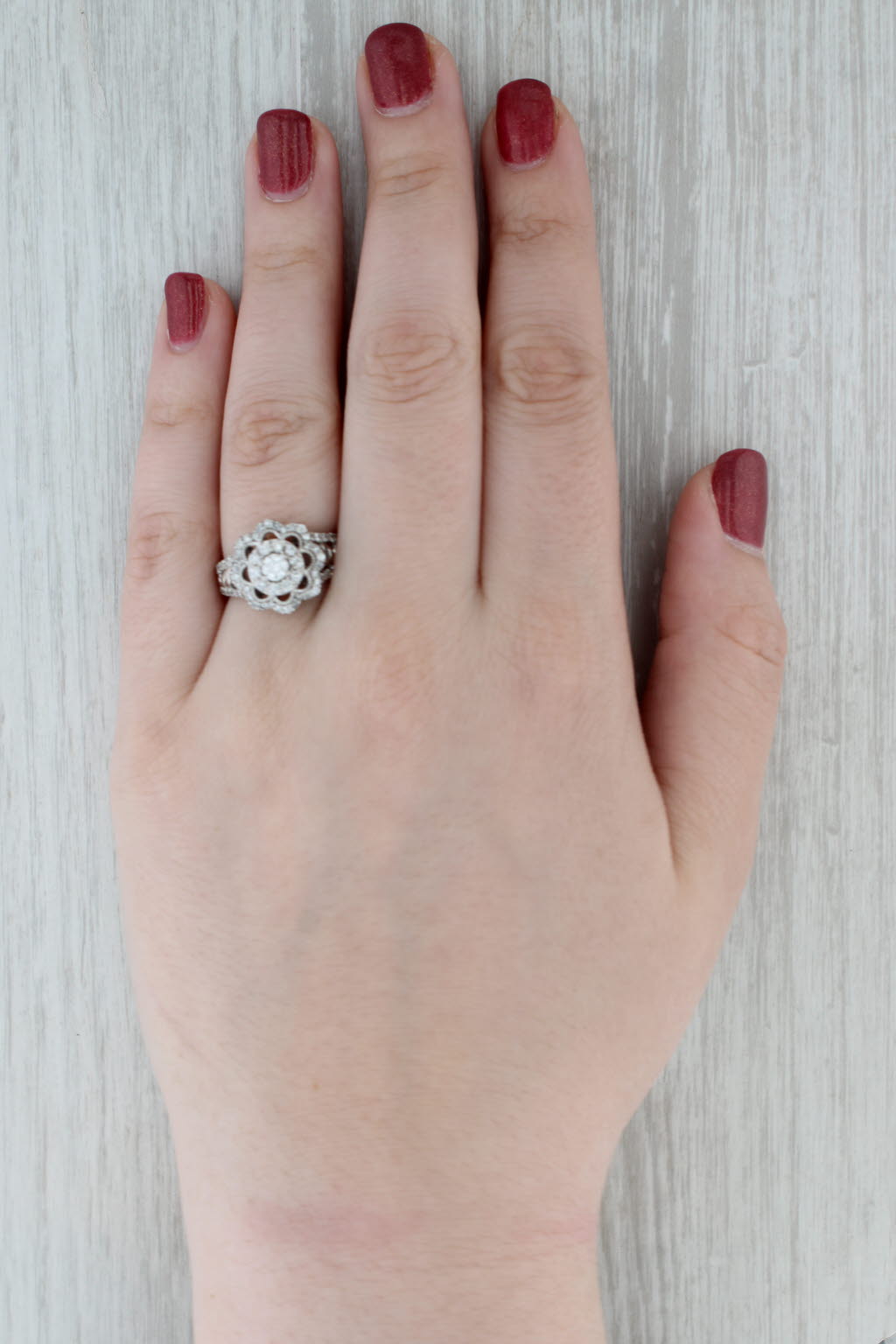 1.37ctw Diamond Flower Ring 14k White Gold Size 8.25 Engagement