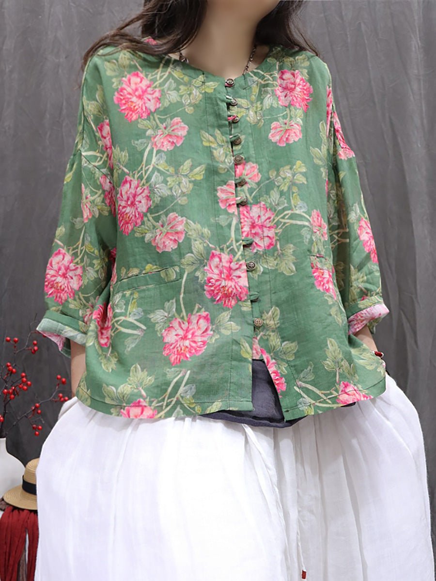 Women Spring Artsy O-Neck Flower 100%Ramie Shirt