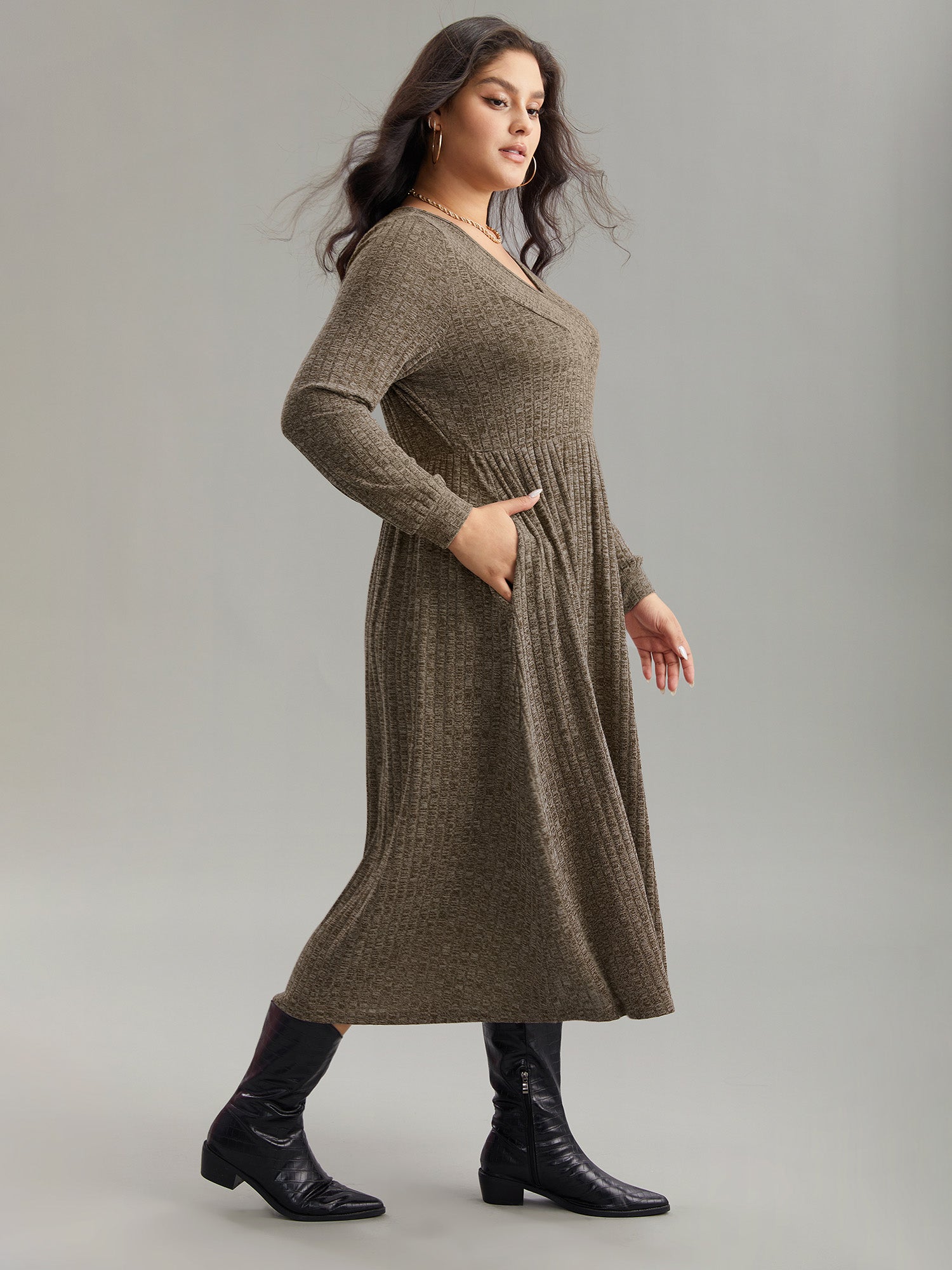 Rib Knit Plain Plisse Long Sleeve Dress