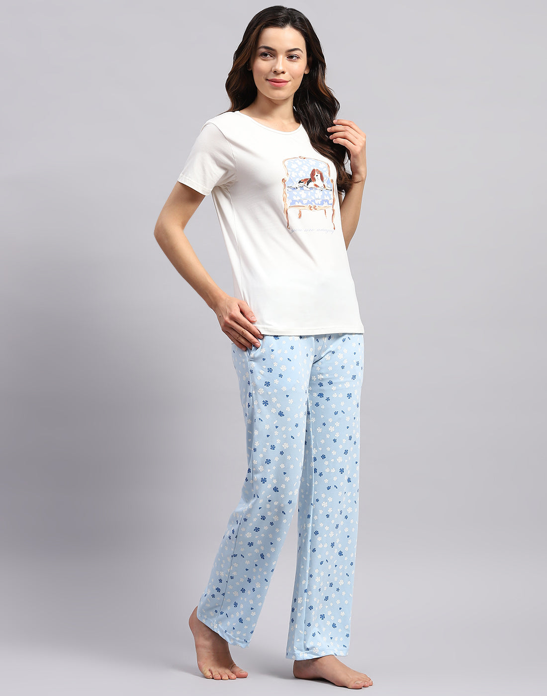 Women White & Sky Blue Printed Round Neck Half Sleeve Lower Set