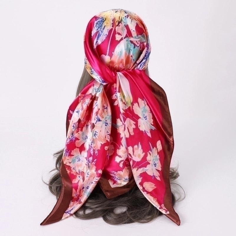 Women's Fashion Flower Satin Printing Silk Scarves