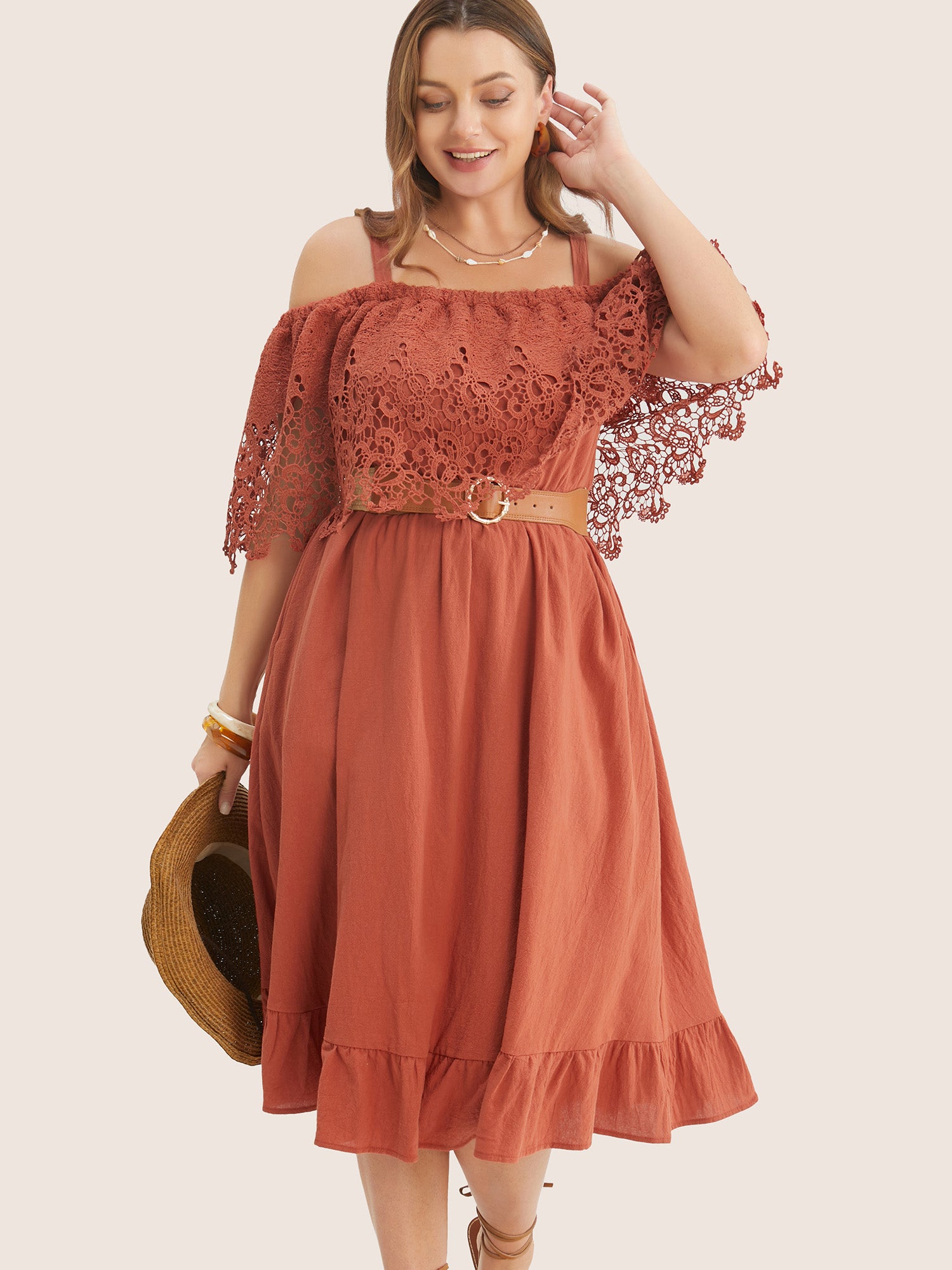 Solid Cold Shoulder Contrast Lace Pocket Ruffle Hem Dress