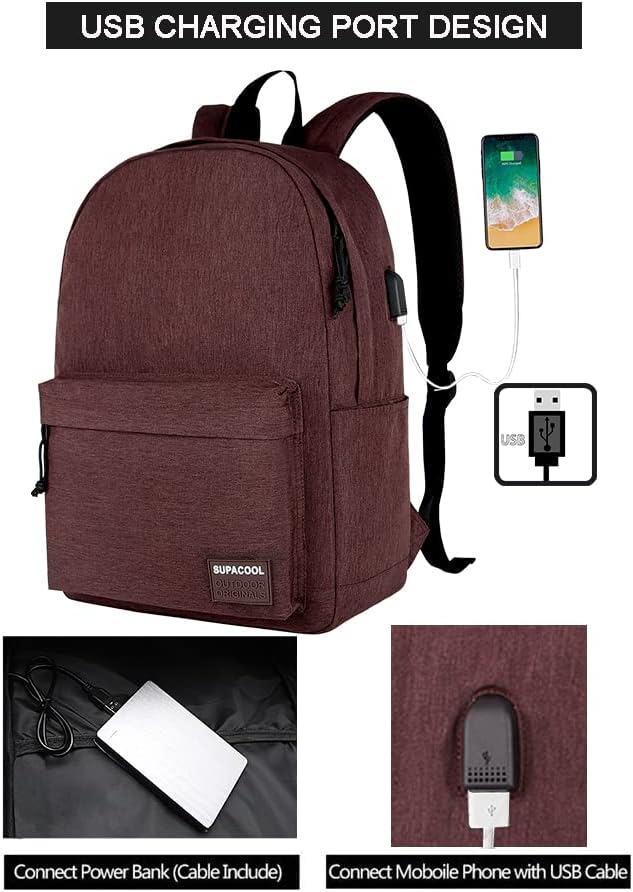 SUPACOOL Casual Laptop Backpack for Men and Women, School Backpack for Boys and Girls, College Bookbag, USB Charging Port, Lightweight Back Pack(Black)