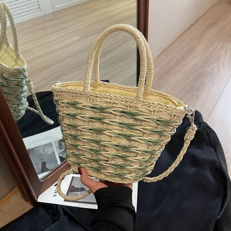Women's Medium Straw Solid Color Vacation Beach Weave String Crossbody Bag