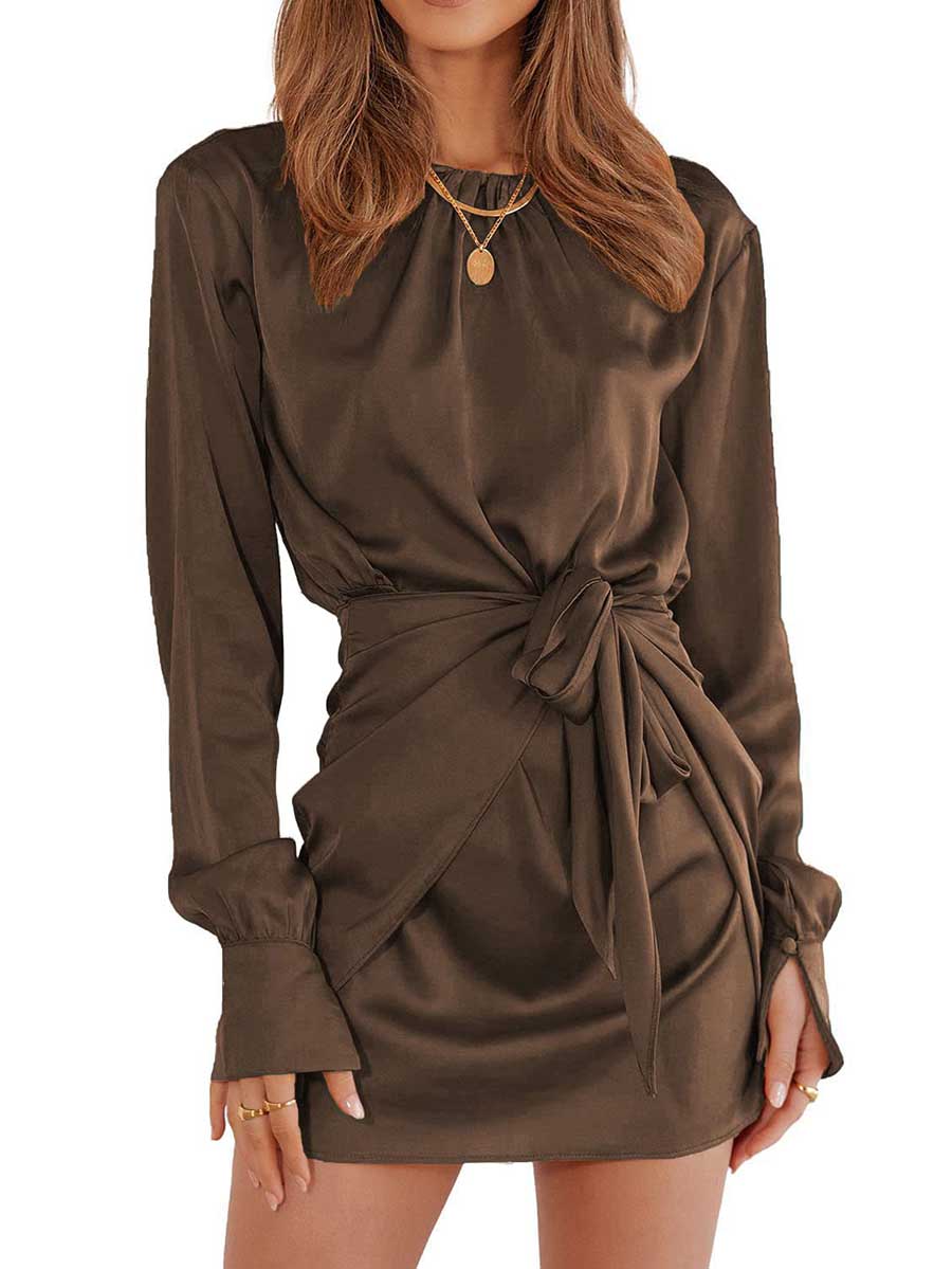 Long Sleeve Round Neck Tie Dress