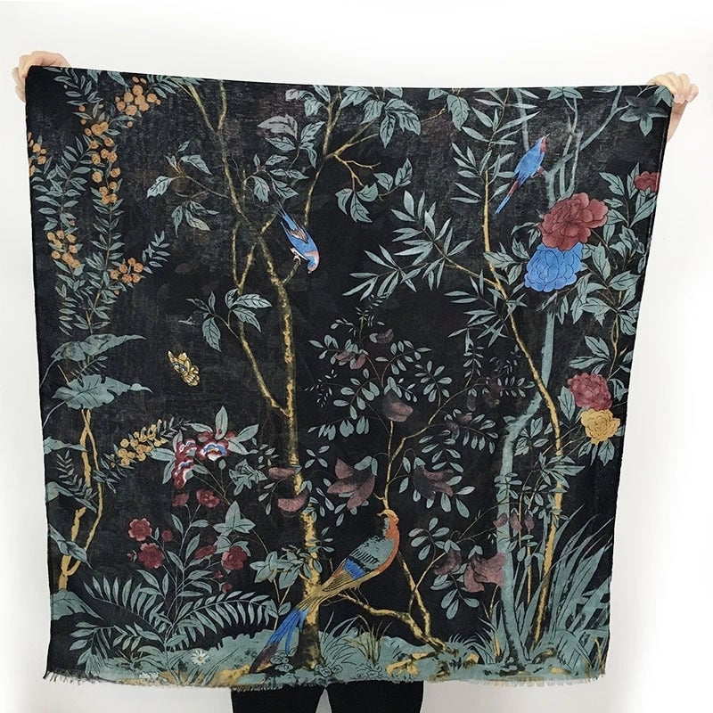 New 60 Satin Flower And Bird Printed Scarf 2 Colors Optional Women's Spring And Autumn Scarf