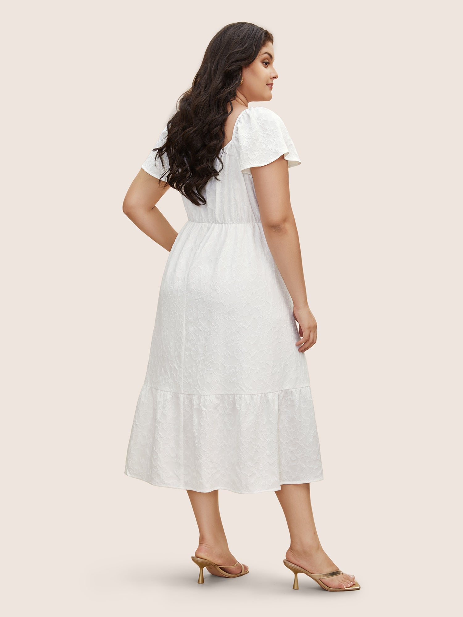 Heart Neckline Jacquard Textured Midi Dress