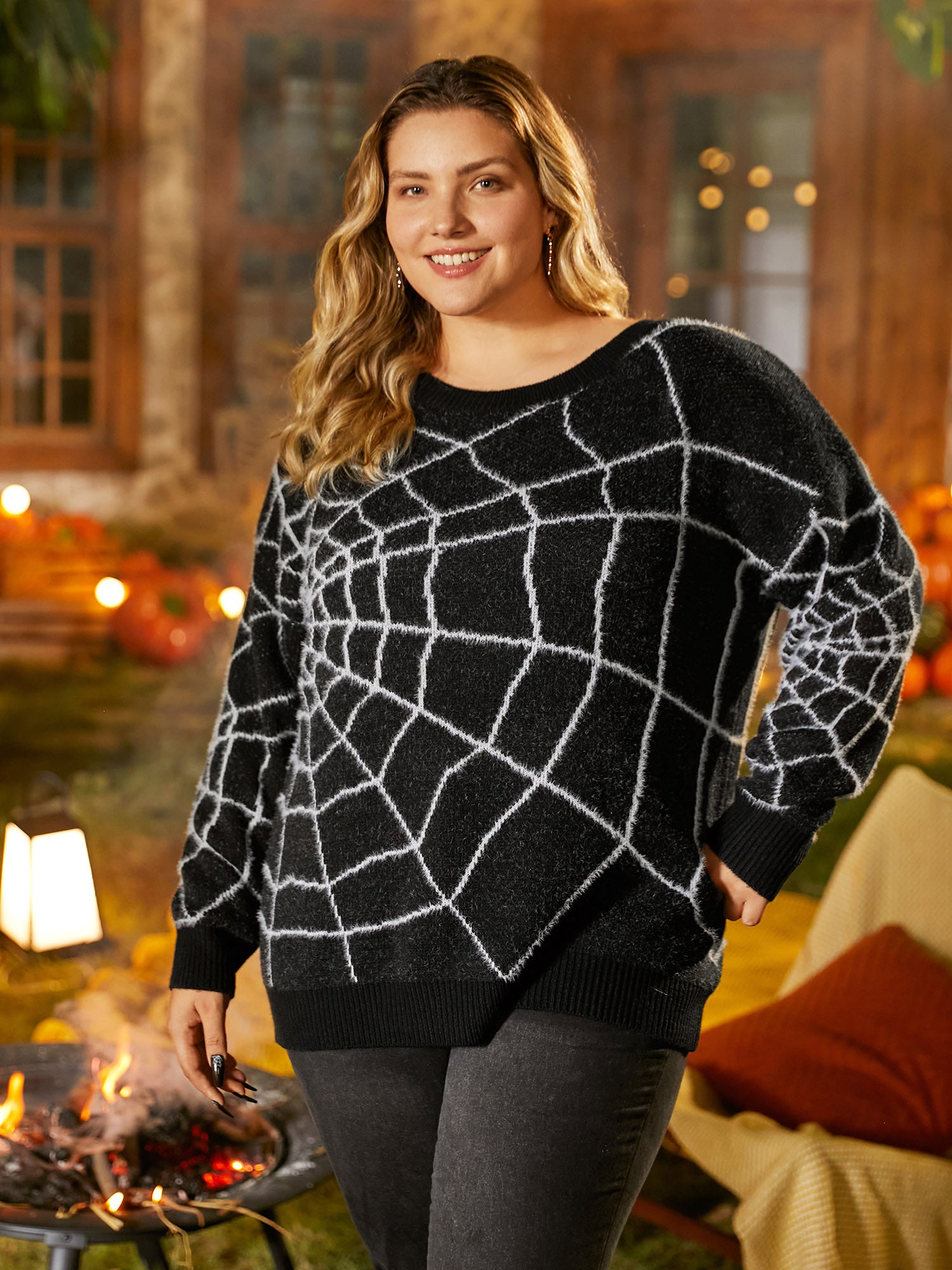 Textured Spider Web Crew Neck Pullover