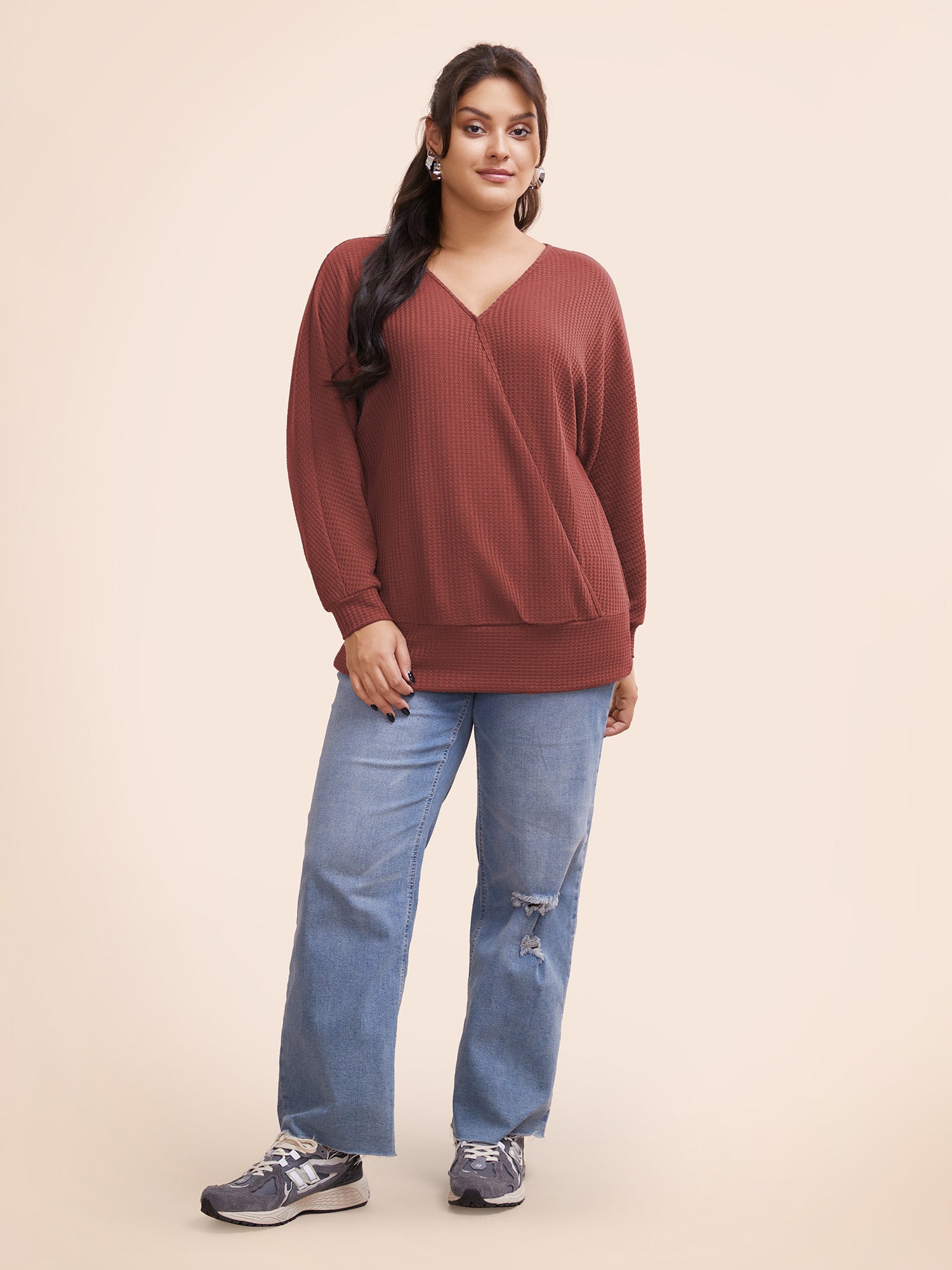 Solid Waffle Knit Wrap Long Sleeve T-shirt