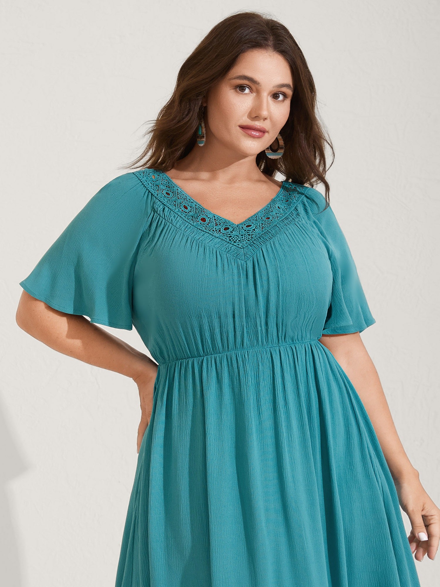 Lace Neck Flared Sleeve Midi Dress
