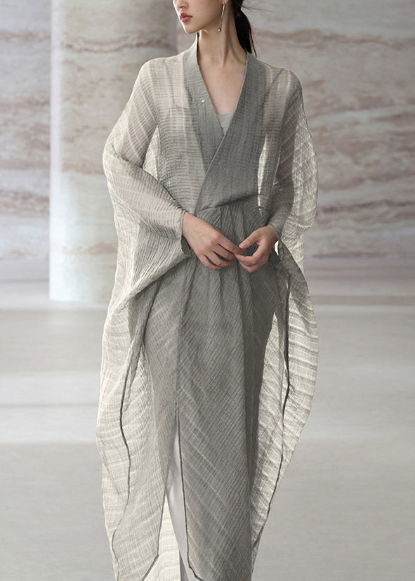 Beautiful Grey V Neck Patchwork Cotton Dress Two Piece Set Summer