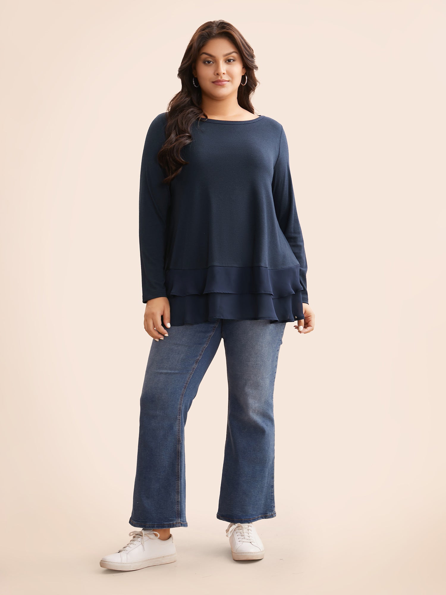 Boat Neck Patchwork Mesh Ruffles Top