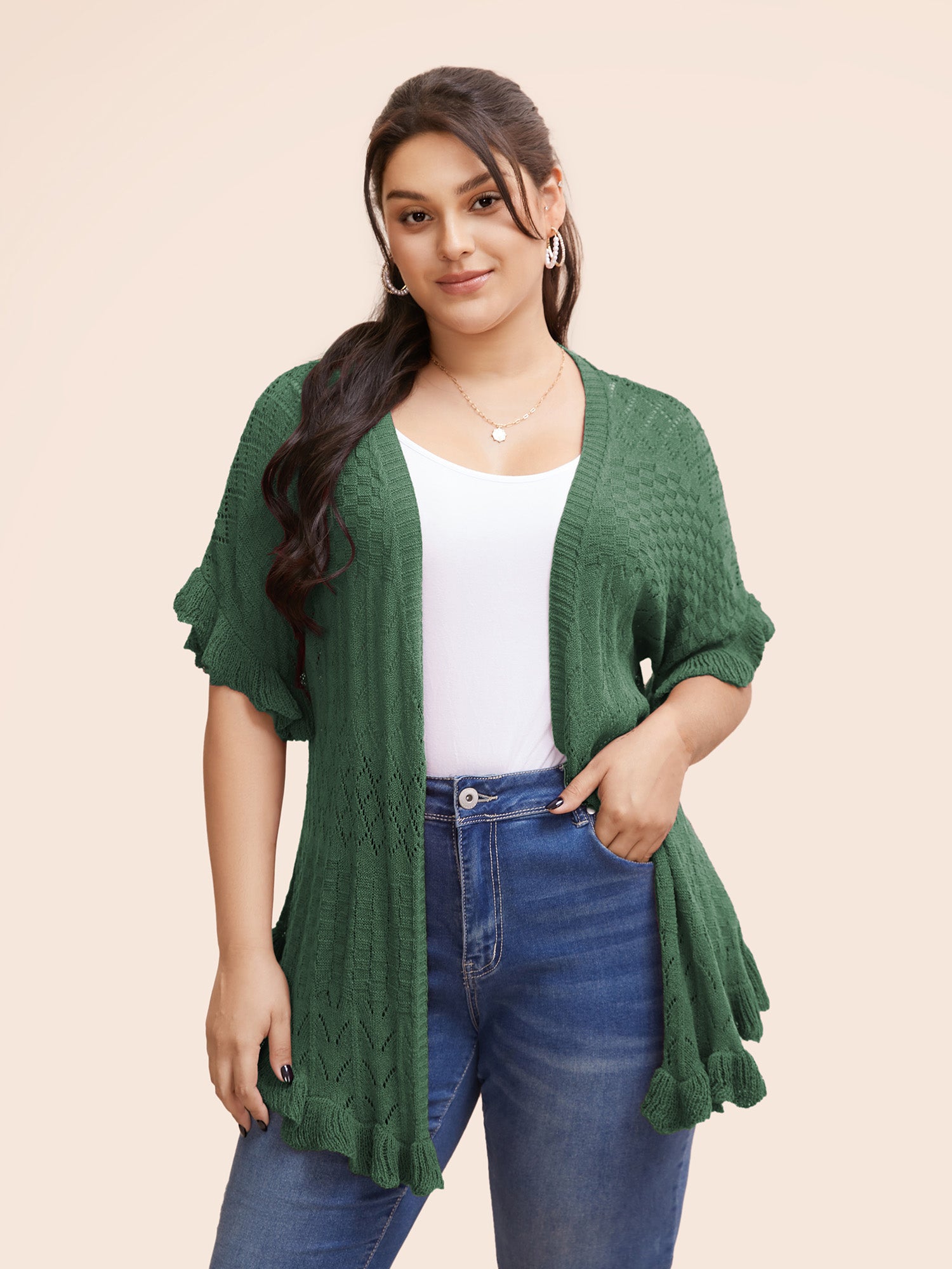 Plain Ruffles Pointelle Knit Cardigan