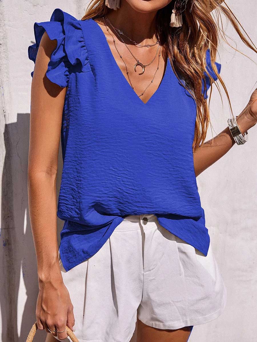 Casual V-Neck Ruffle Sleeveless Shirt (5 Colors)