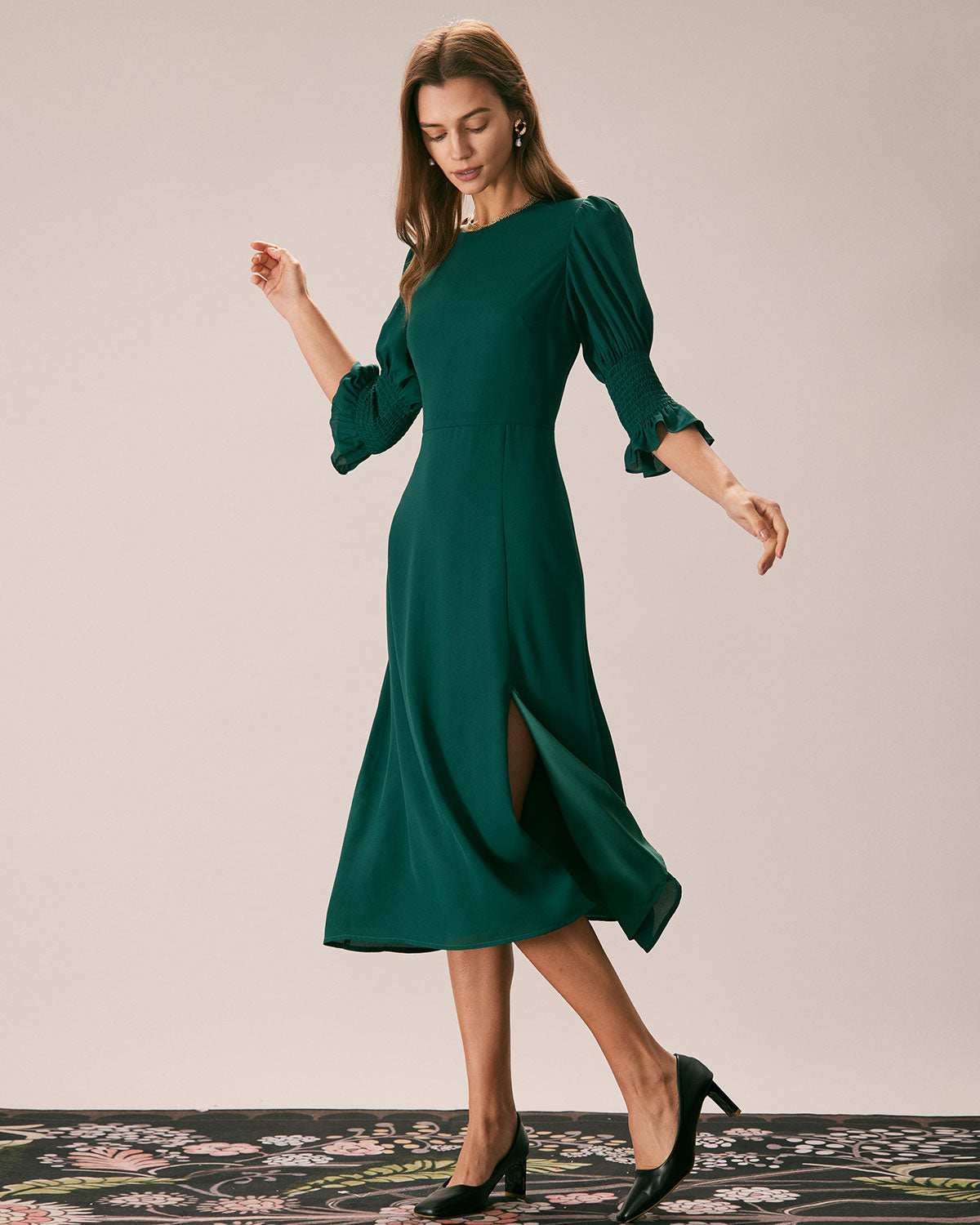 The Green Crew Neck Ruffle Slit Midi Dress