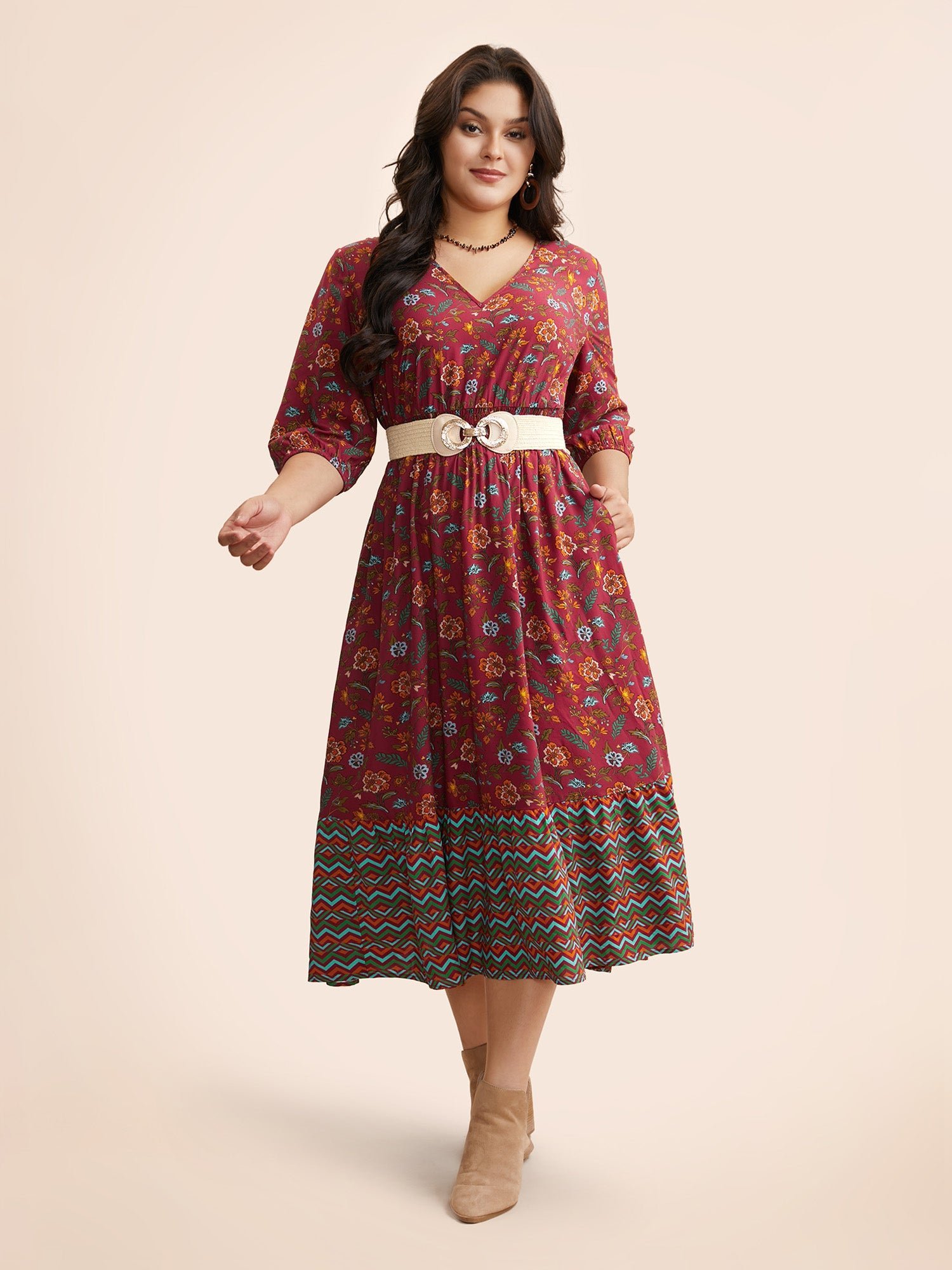 V Neck Bandana Print Shirred Dress