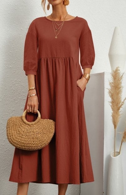 Women's Lantern Sleeve Cotton And Linen Dress