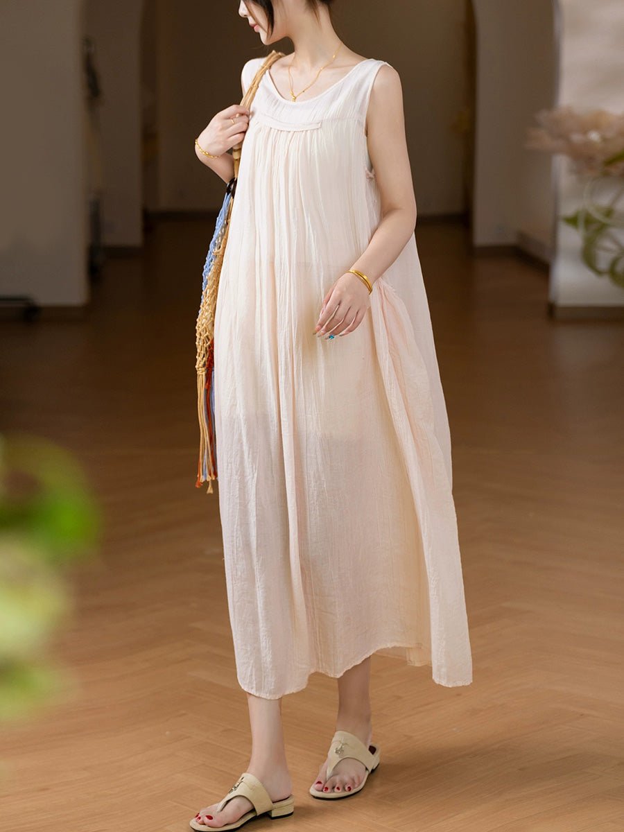 Women Summer Artsy Pure Color O-Neck Ramie Vest Dress