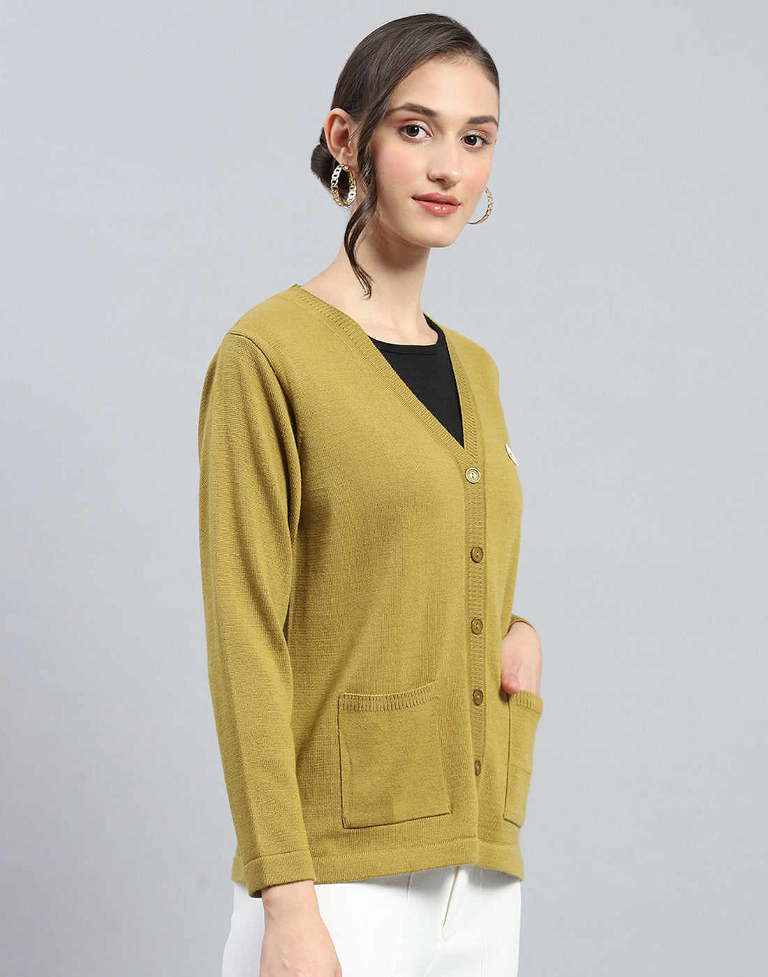 Women Khaki Solid V Neck Full Sleeve Cardigan