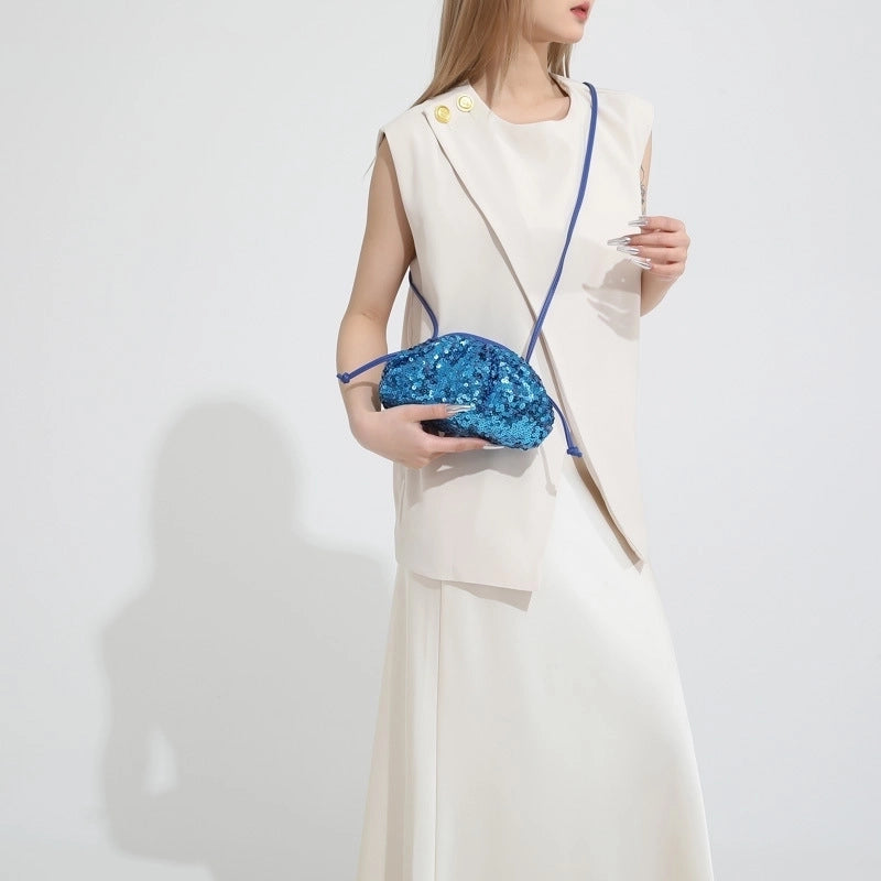Women's Pu Leather Solid Color Streetwear Sequins Sewing Thread Shell String Crossbody Bag