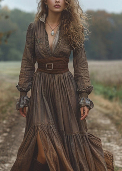 Elegant Dark Coffee Wrinkled Patchwork Cotton Long Dress Fall