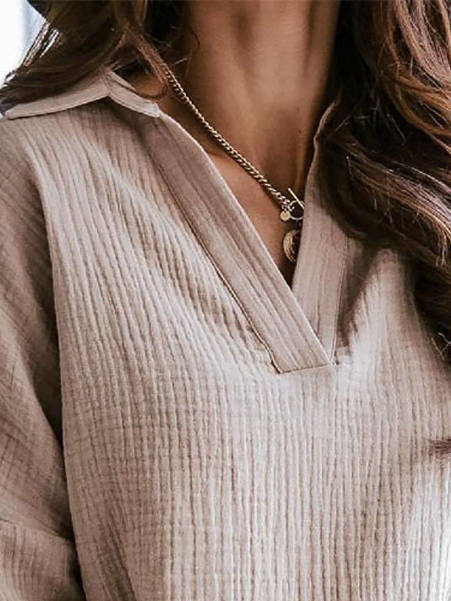 Lapel Collar Lantern Solid Color Long Sleeve Shirt(6 colors)