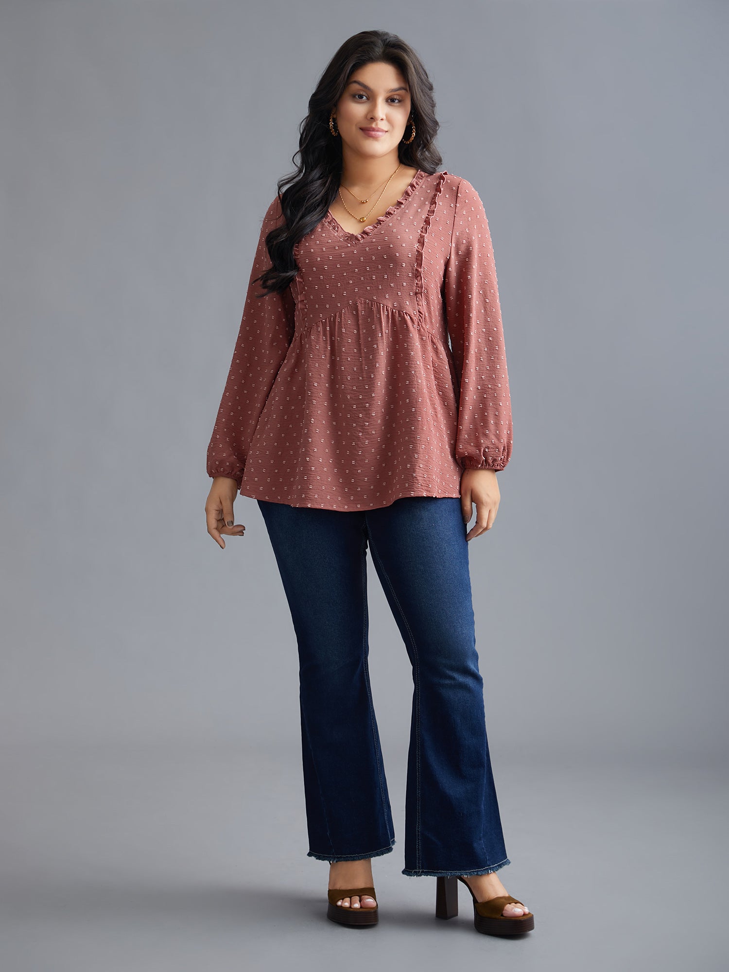 V Neck Ruffle Trim Elastic Cuffs Blouse