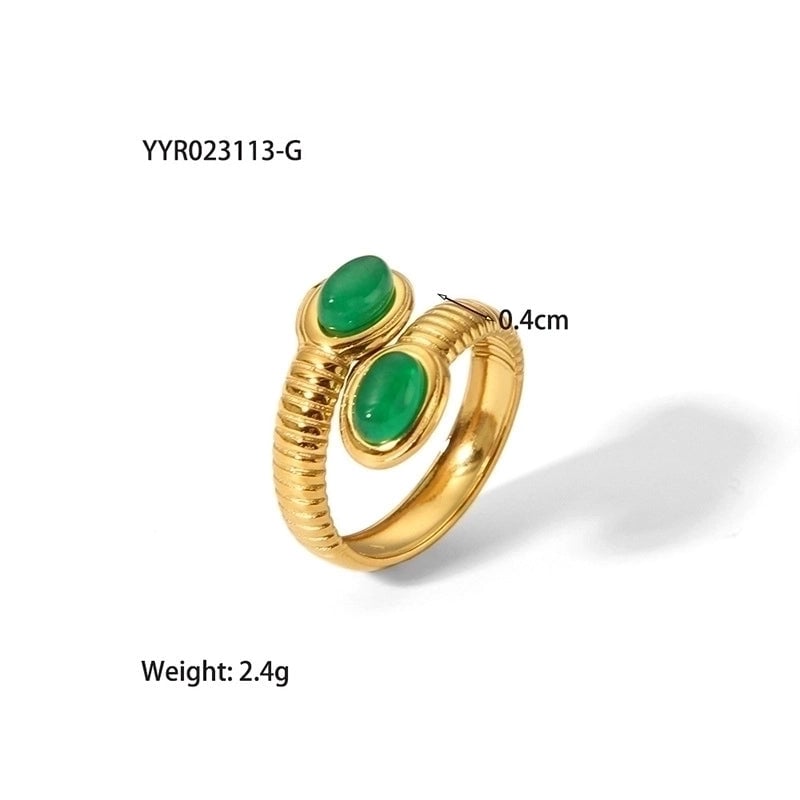 304 Stainless Steel 18K Gold Plated Retro Plating Inlay Heart Shape Solid Color Natural Stone Open Rings