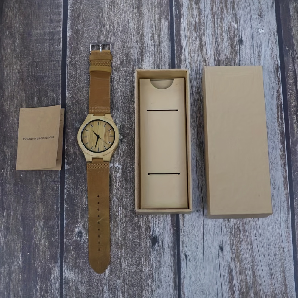 Simple Carbonized Bamboo Genuine Leather Strap Men's Quartz Watch