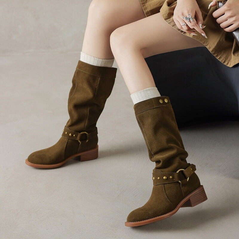 Belted Suede?Leather Riding Boots Low Block Heel Mid Calf Boots in Black/Brown/Green