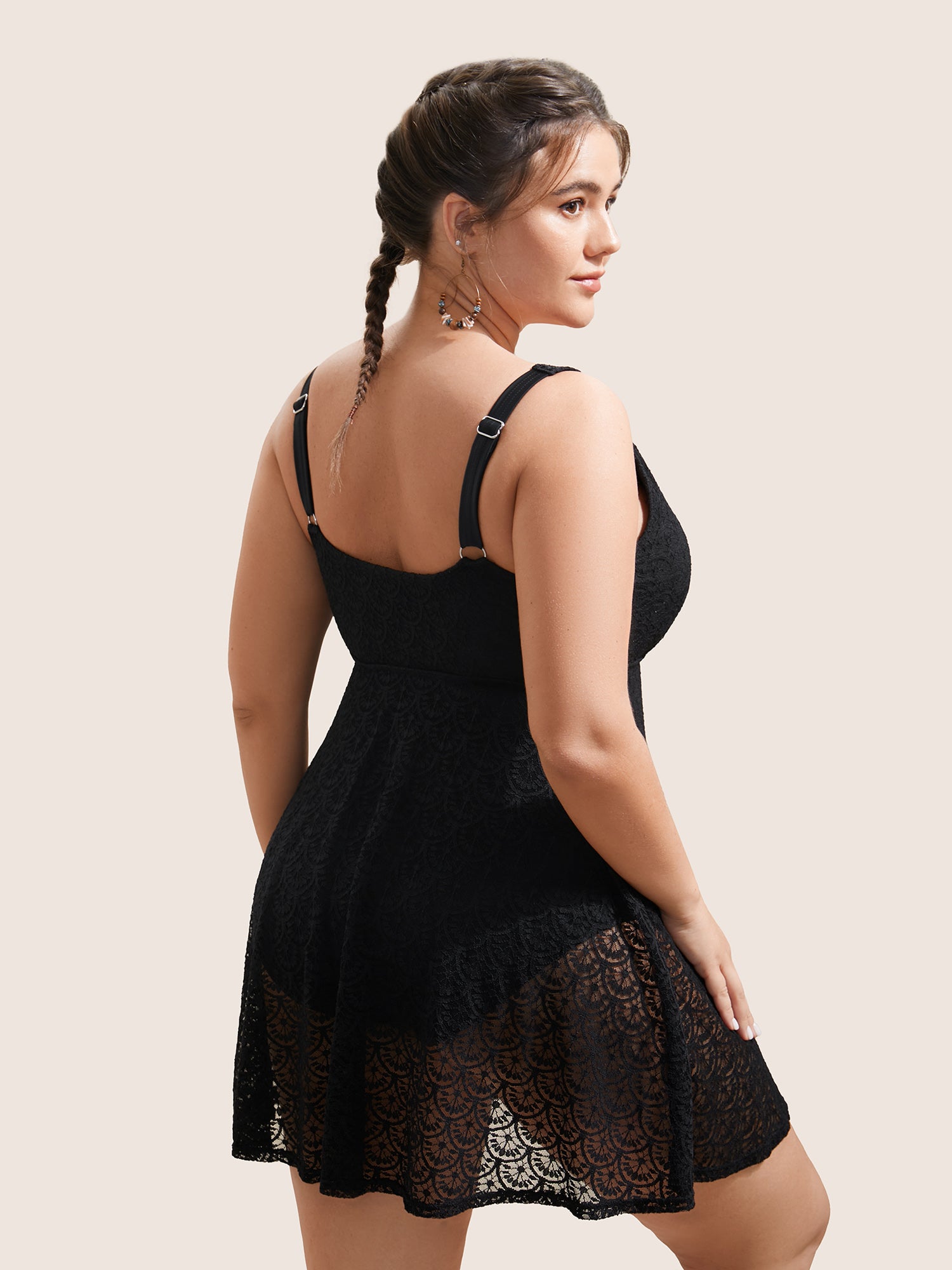 Solid Crochet Lace Mesh Adjustable Straps Swim Dress