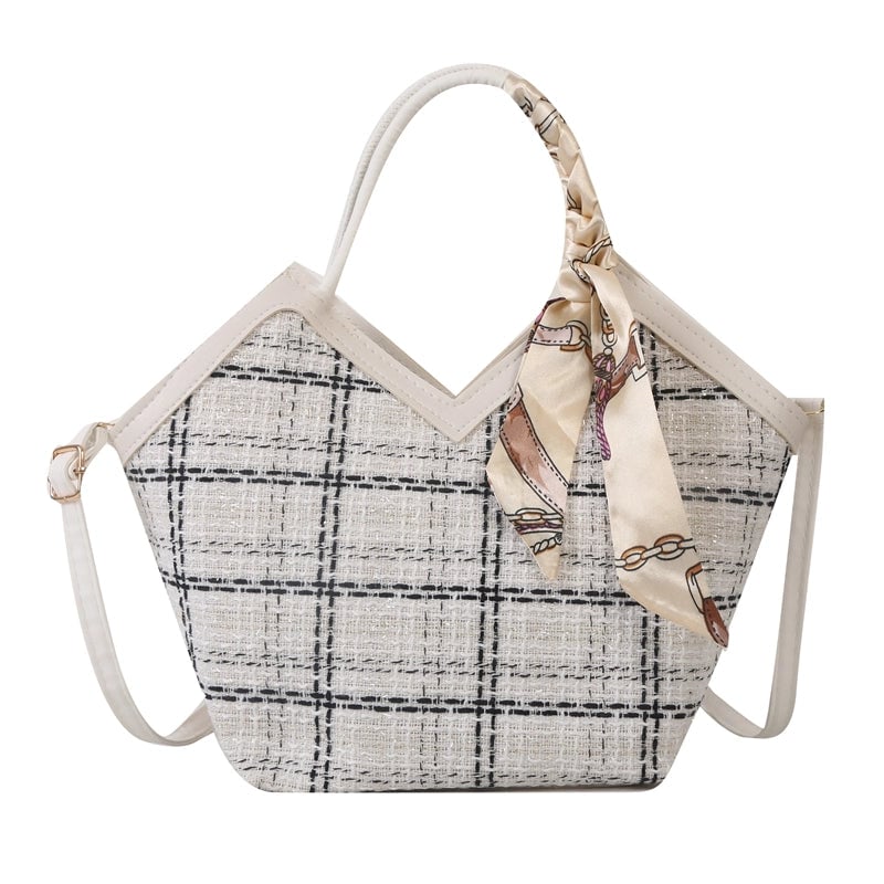 Women's Woolen Lattice Elegant Bucket Zipper Handbag