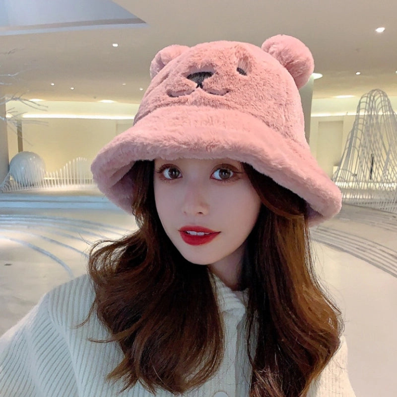 Fisherman Hat Women's Autumn And Winter Korean Style Trendy Bear Sweet Cute Lamb Plush Thickened Warm Ear Basin Hat