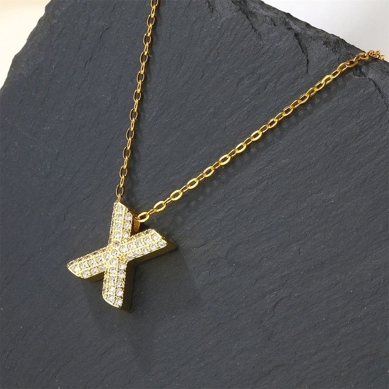 Copper 18K Gold Plated Casual Minimalist Inlay Letter Zircon Pendant Necklace