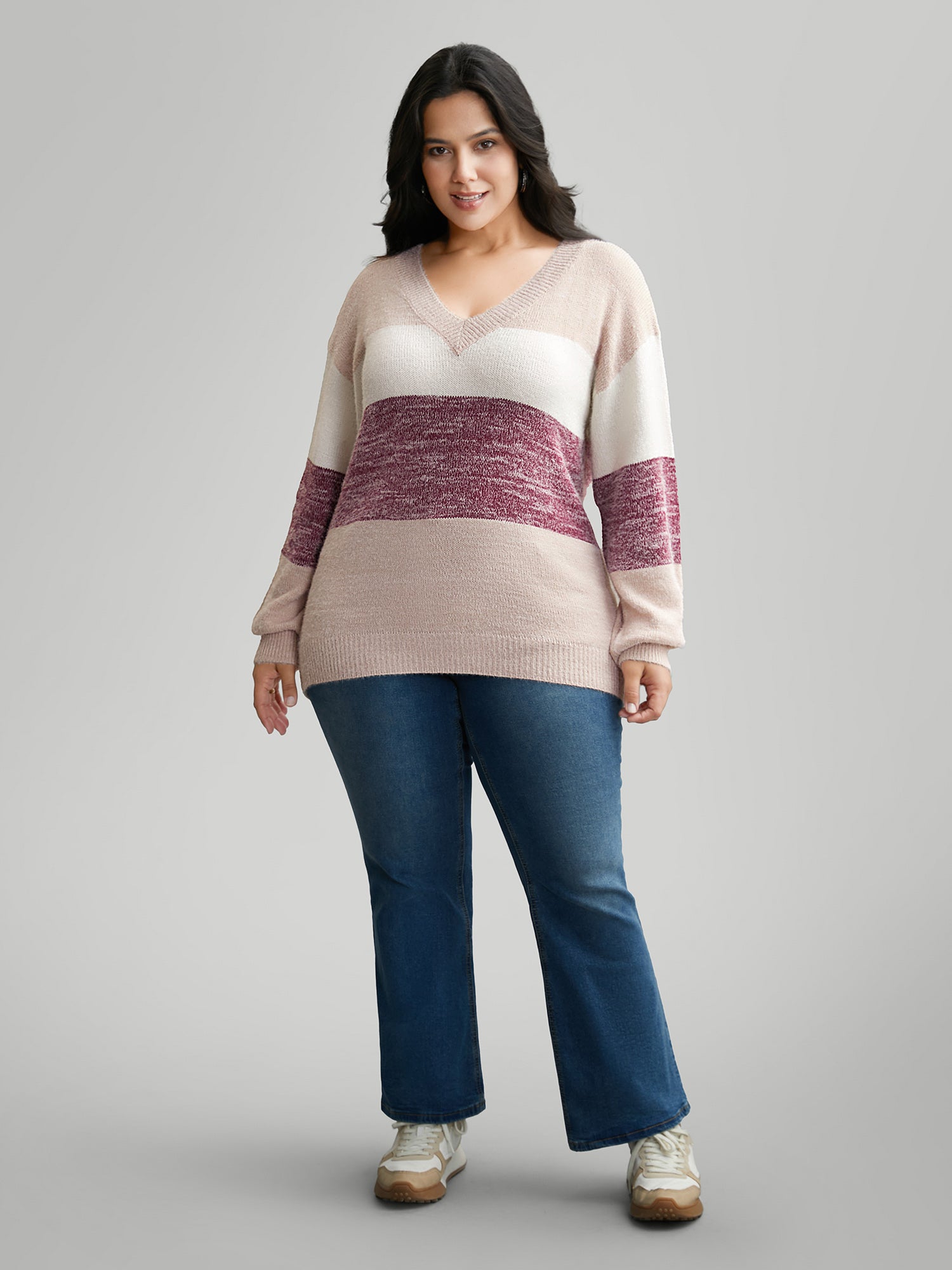 Colorblock Contrast Super Soft Plush Knit V Neck Pullover