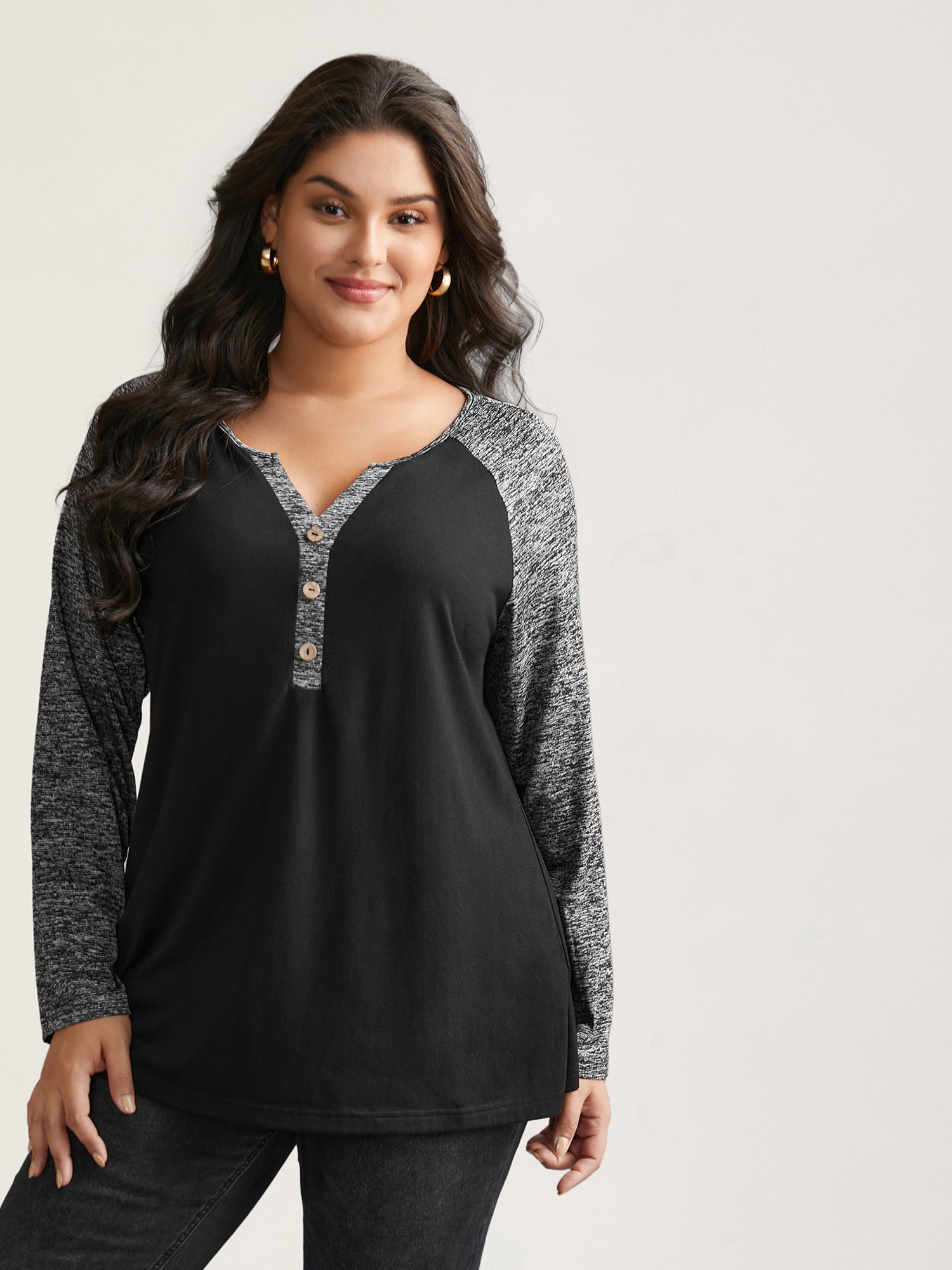 Heather Patchwork Button Detail Stretchy T-Shirt
