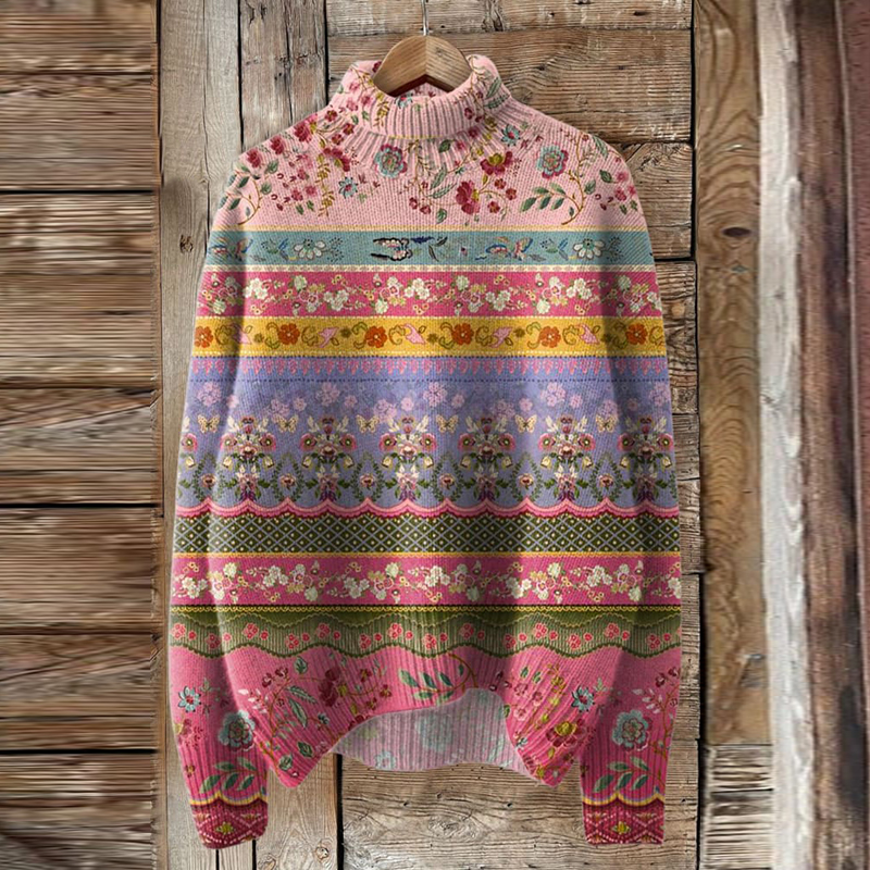 Tribal Lovely Floral Art Print Knit Turtleneck Pullover Sweater