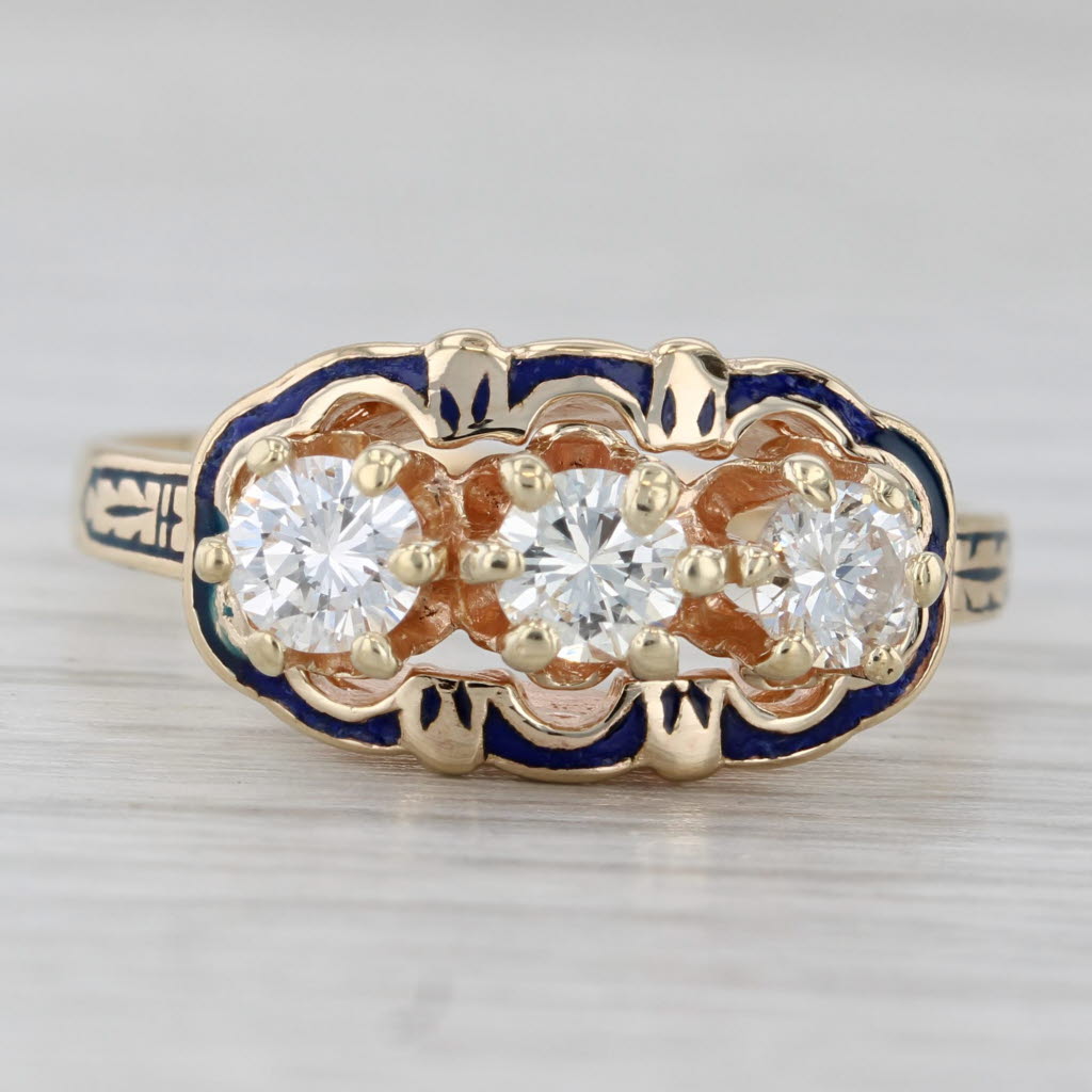 Vintage 0.75ctw Round Brilliant 3-Stone Ring 14k Yellow Gold Enamel