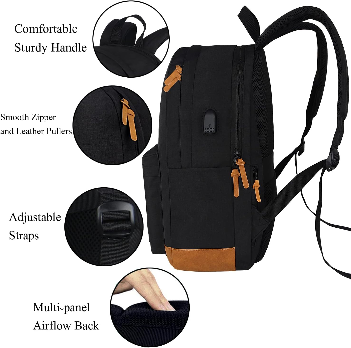 SUPACOOL Casual Laptop Backpack for Men and Women, School Backpack for Boys and Girls, College Bookbag, USB Charging Port, Lightweight Back Pack(Black)