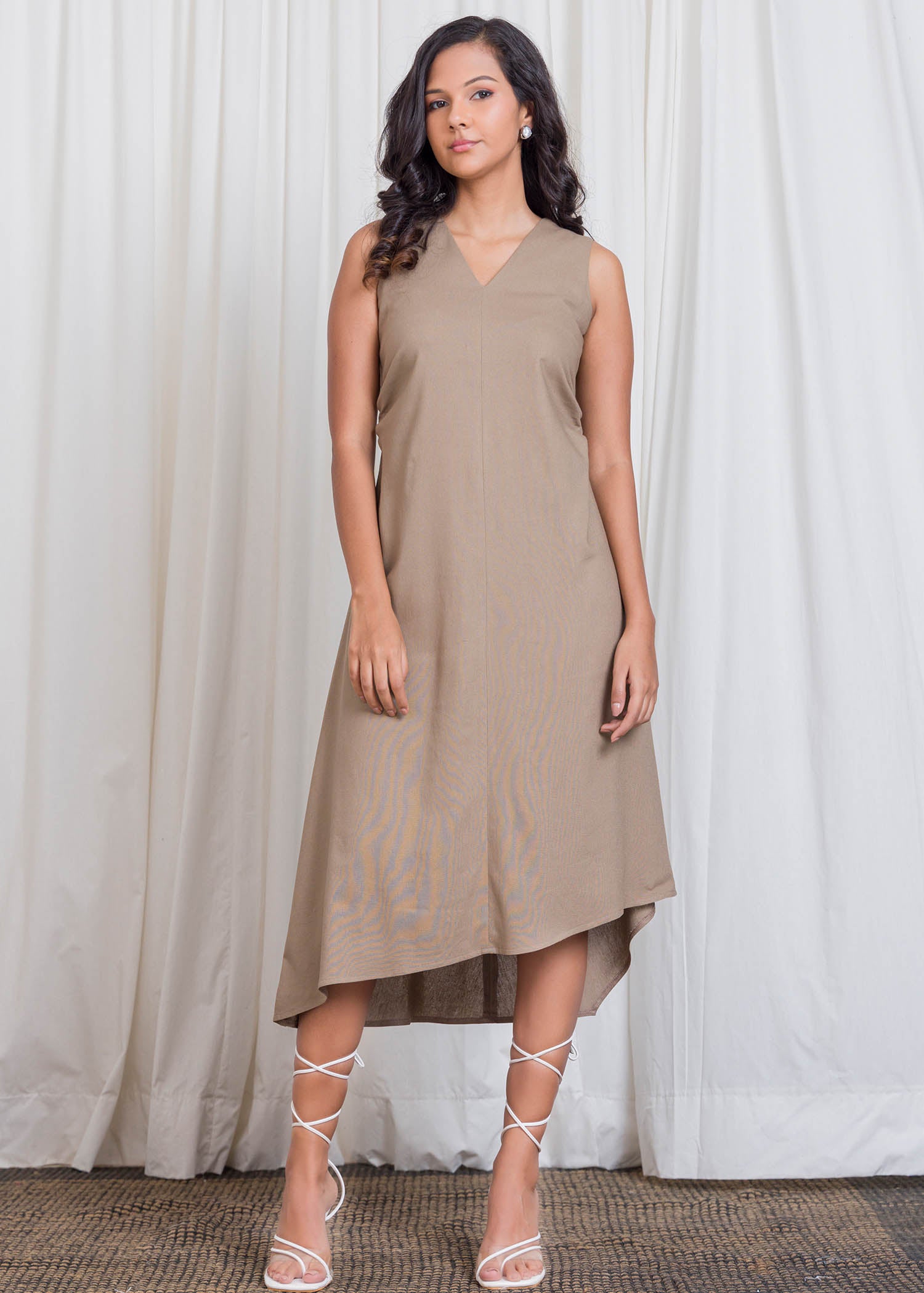 Uneven Hem Midi Dress With Side Ruched Detail