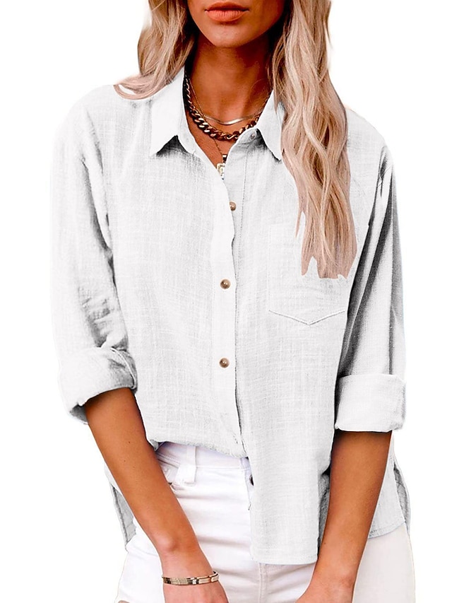 Women's Shirt Blouse Long Cotton Top White Cotton Top Linen Button Pocket Casual Fashion Neon & Bright Long Sleeve Shirt Collar Black Spring &  Fall